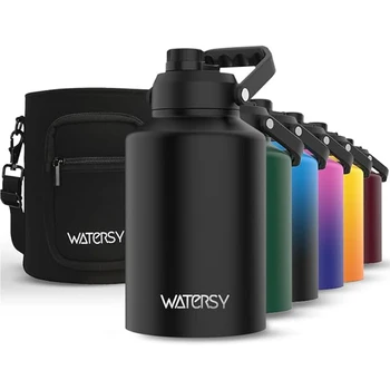 Watersy 스테인레스 스틸 물병, 대형 보온병, 핸들 포함, 체육관, 하이킹, 캠핑, 여행용, 블랙, 68oz, 128oz