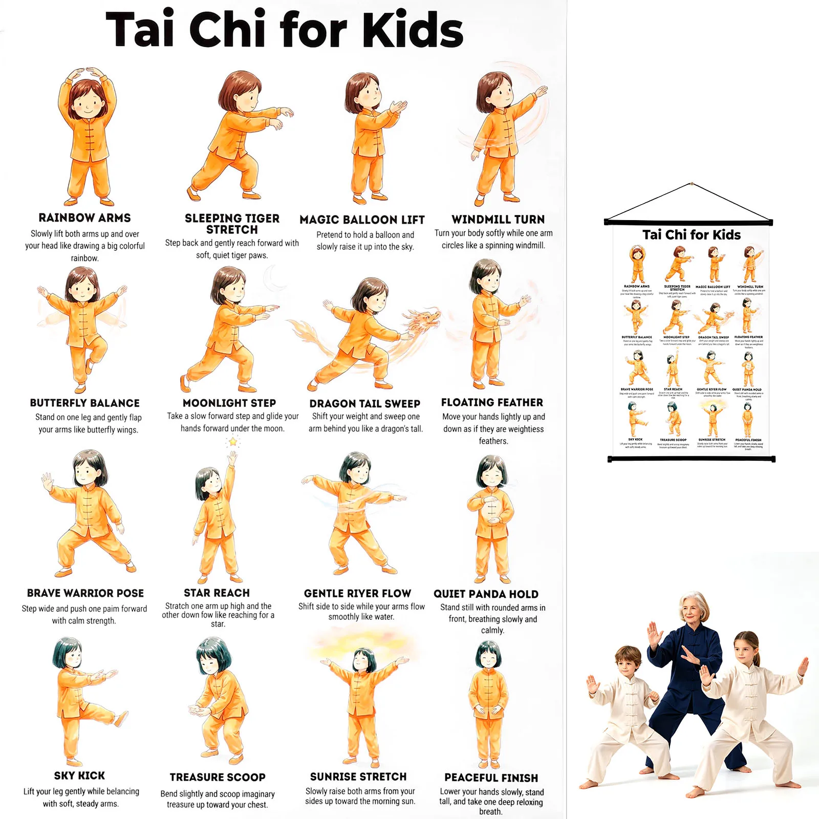 Tai Chi Workout Chart 16 Basic Movements Standing Tai Chi Poster for Daily Training Tai Chi Chair Workout Chart for Kids Seniors