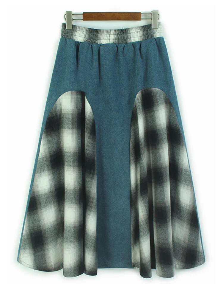 [EAM] High Elastic Waist Green Plaid Denim Color-block A-line Half-body Skirt Women Fashion Tide New Spring Autumn 2025 1DH8754