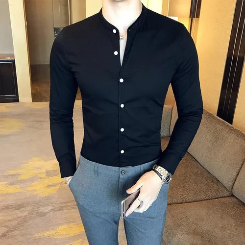 Imagen 2 del producto Camisa china con cuello levantado para hombre, camisa ajustada de algodón de Boutique de manga larga de otoño, camisa Formal de negocios informal verde clásica para hombre