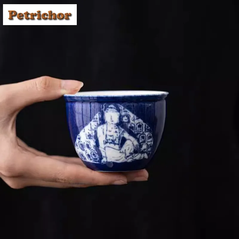 

120 мл Dunhuang Phaseless сине-белая чайная чашка ручной работы, чайная чаша, одиночные чашки, чашка для дегустации чая, чашка для запаха Jianzhan Master Cups Cha