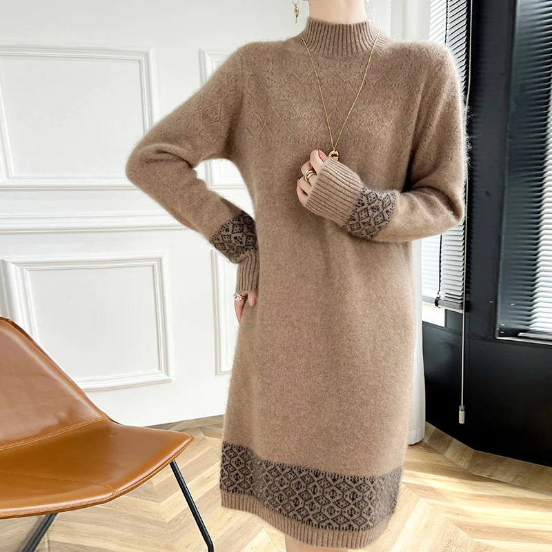 

2025 Winter New Turtleneck Wool Dress Female Loose temperament Knitted Cashmere Skirt Joker Sweater