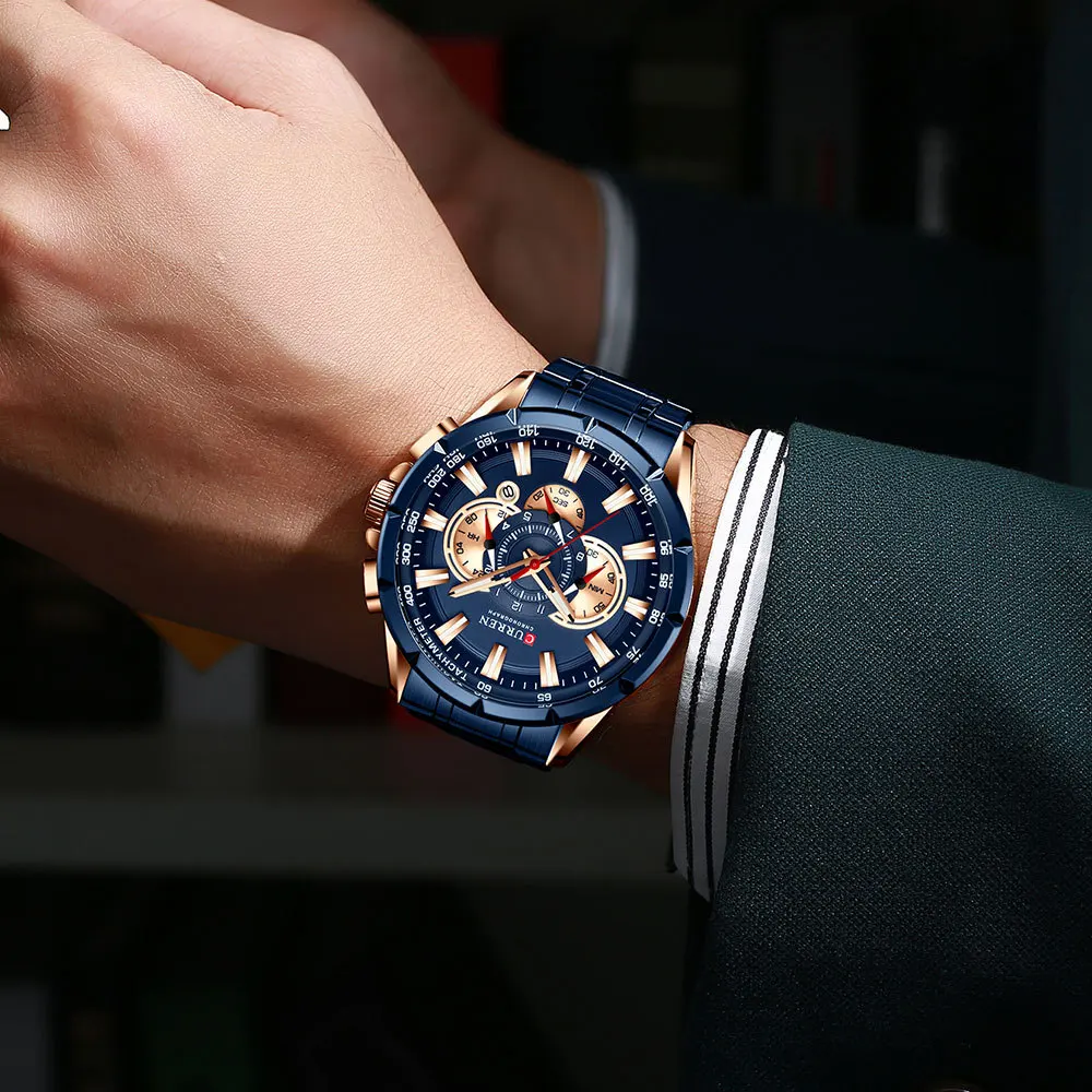 Curren 8363 ساعة كوارتز فاخرة بشريط فولاذي للرجال متعددة الوظائف مضيئة مقاومة للماء كرونوغراف ساعات تقويمية للرجال