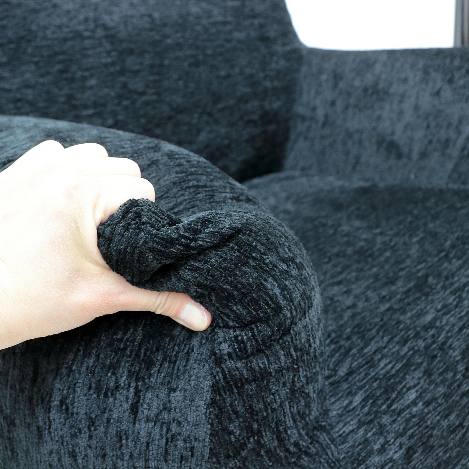 Black teddy fabric fluffy lazy sofa filled with memory sponge bean bag sofa with armrest