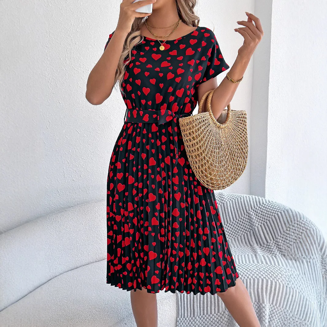 فساتين نسائية قصيرة الأكمام 2025 فستان صيفي بطيات الخصر D dlhie Sukienki Vestidos De Robe L Femmes Vacaciones