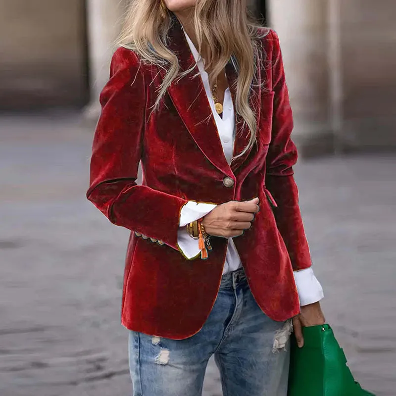 

Осень 2025, золотой бархатный пиджак, женский повседневный пиджак с лацканами и длинными рукавами, винтажная однотонная верхняя одежда на одной пуговице