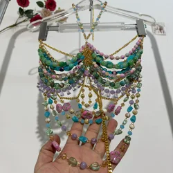 Hot Sexy Women Handmade Turquoise Lavender Multi Stone Bead Body Chain Bikini Bra Hlater Romantic Tank Top Beachwear Lingeie