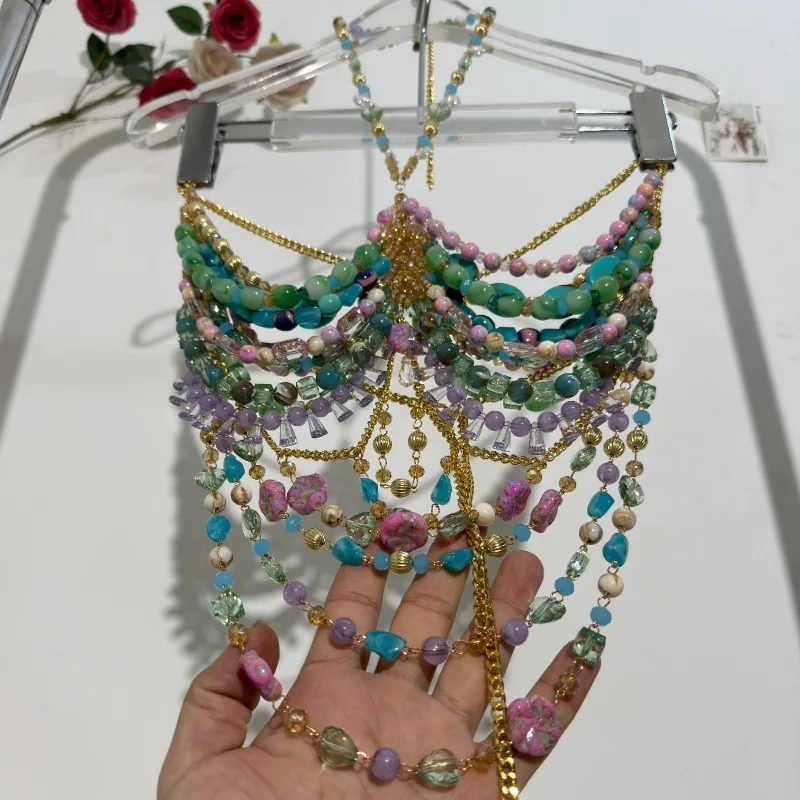 Hot Sexy Women Handmade Turquoise Lavender Multi Stone Bead Body Chain Bikini Bra Hlater Romantic Tank Top Beachwear Lingeie