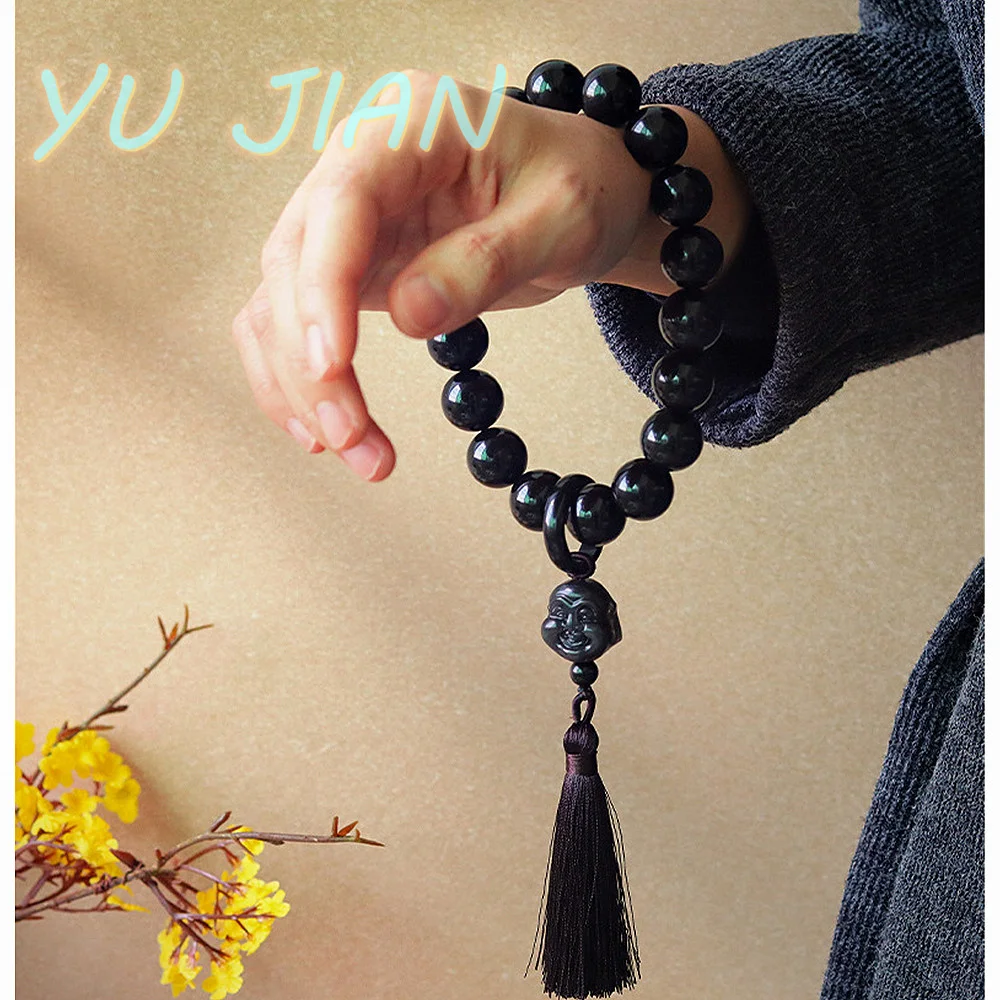 Newest Natural Crystal Obsidian Wenwan Men's Women's Retro Handheld Bracelet Bangle Rare Jade Handring Fine Jewelry