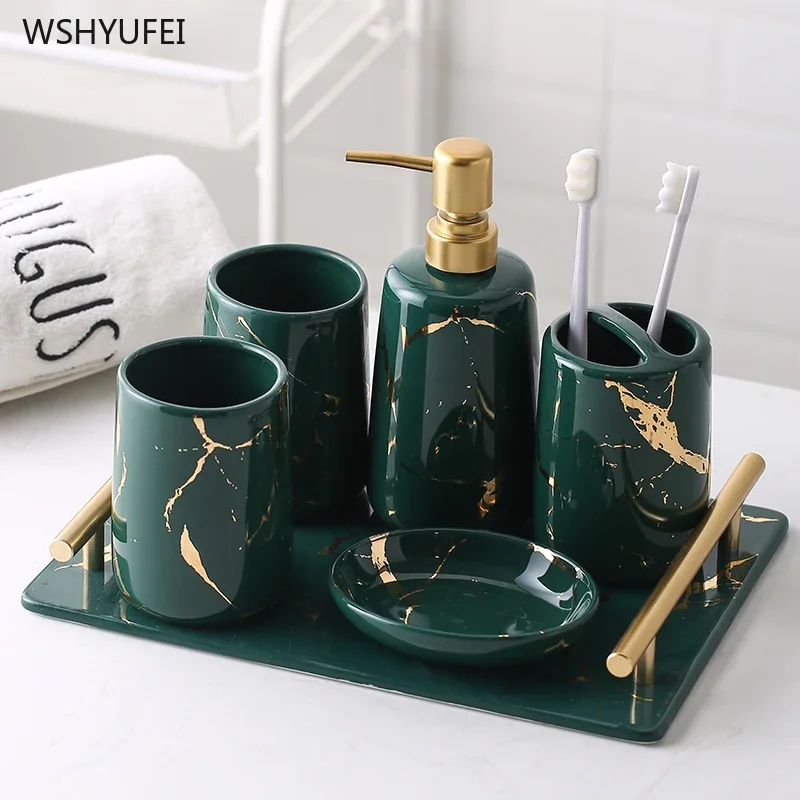 Light luxury ceramic marble dark green gold bathroom storage set wash cup set mouth cup soap bottle soap dish toothbrush holder