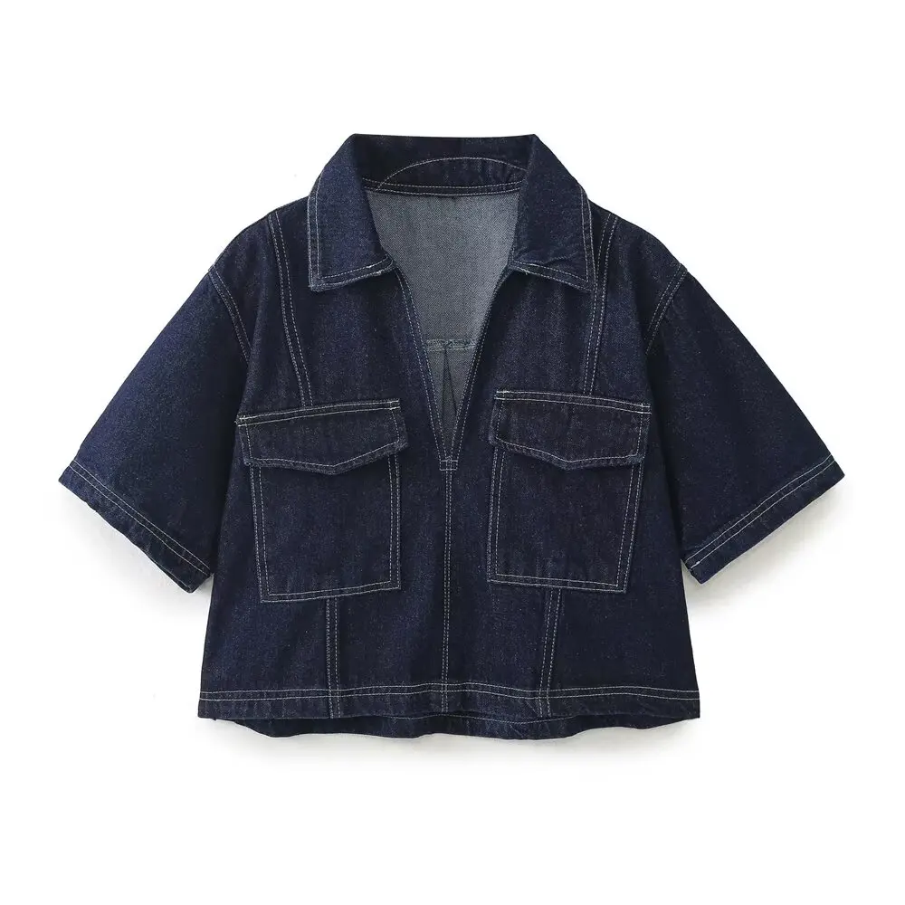 Maxdutti 2025 Summer High Street Denim Shirt Women Double Pockets V-neck Short Blouse Women Tops