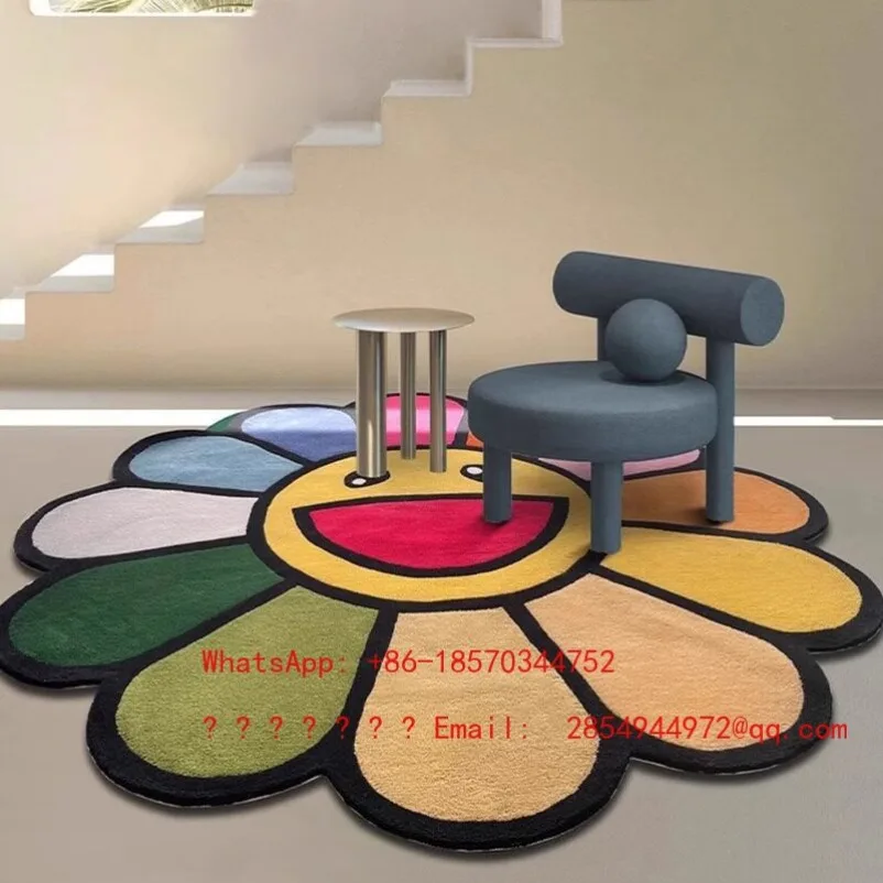 2026    Sunflower Round Rug Colorful Dopamine Style Irregular Floor Mat for Living Room Bedroom