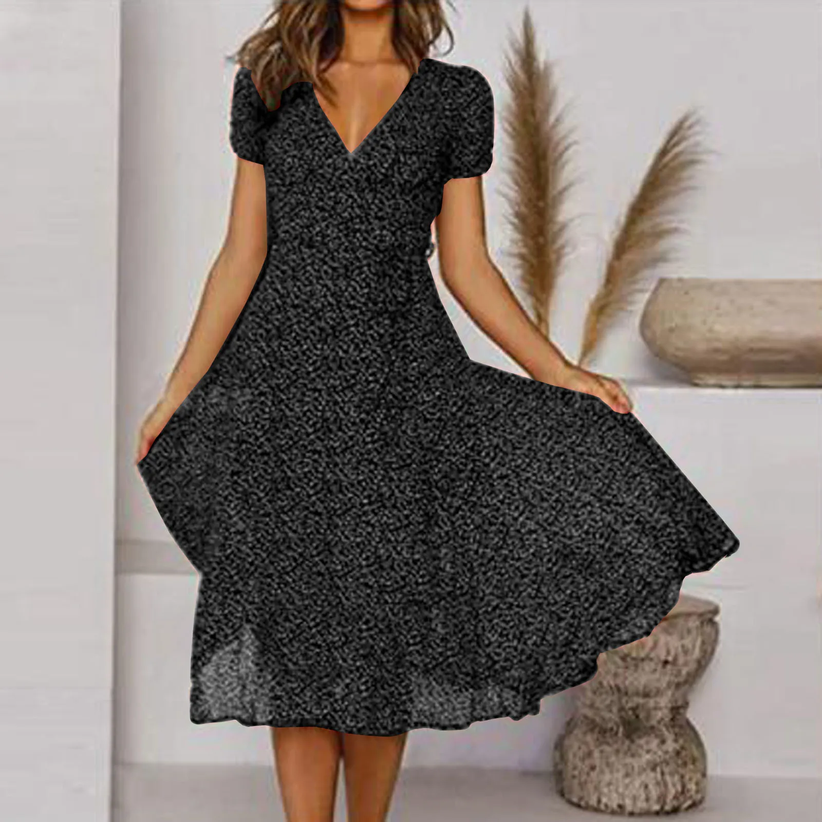 

Vintage Polka Dot Print Dress Women Summer Short Sleeve Dress Casual V Neck High Waisted Chiffon Long Dresses