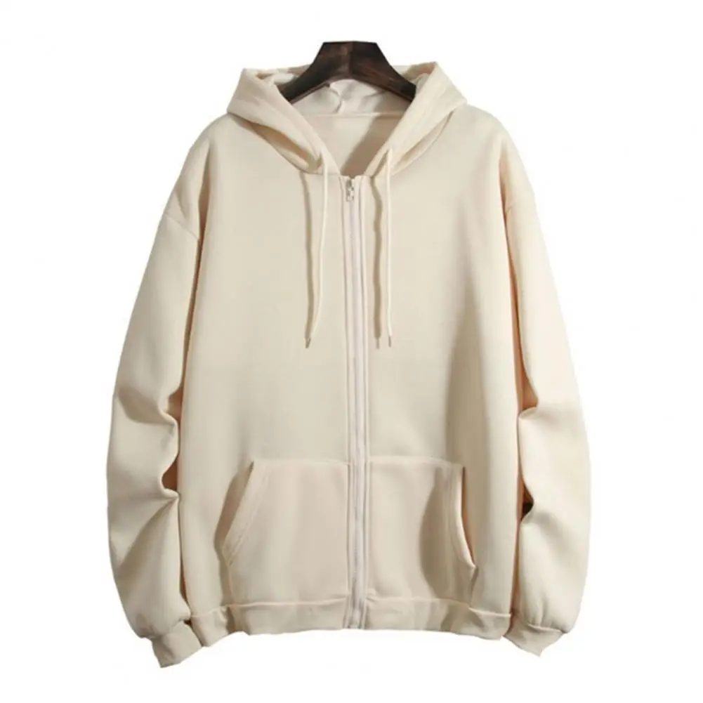 Harajuku Männer Frauen Hoodie Mantel Reiß verschluss lose lange Ärmel Strickjacke Taschen Kordel zug Kapuze Plüsch Frühlings mantel männliche Kleidung