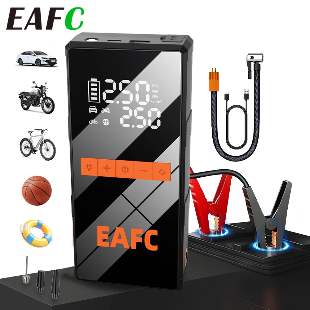 EAFC All-in-One Car Jump Starter&150PSI Air Compressor 1200A Peak Current Diesel Gas Dual Start Emergency Charger Lighting