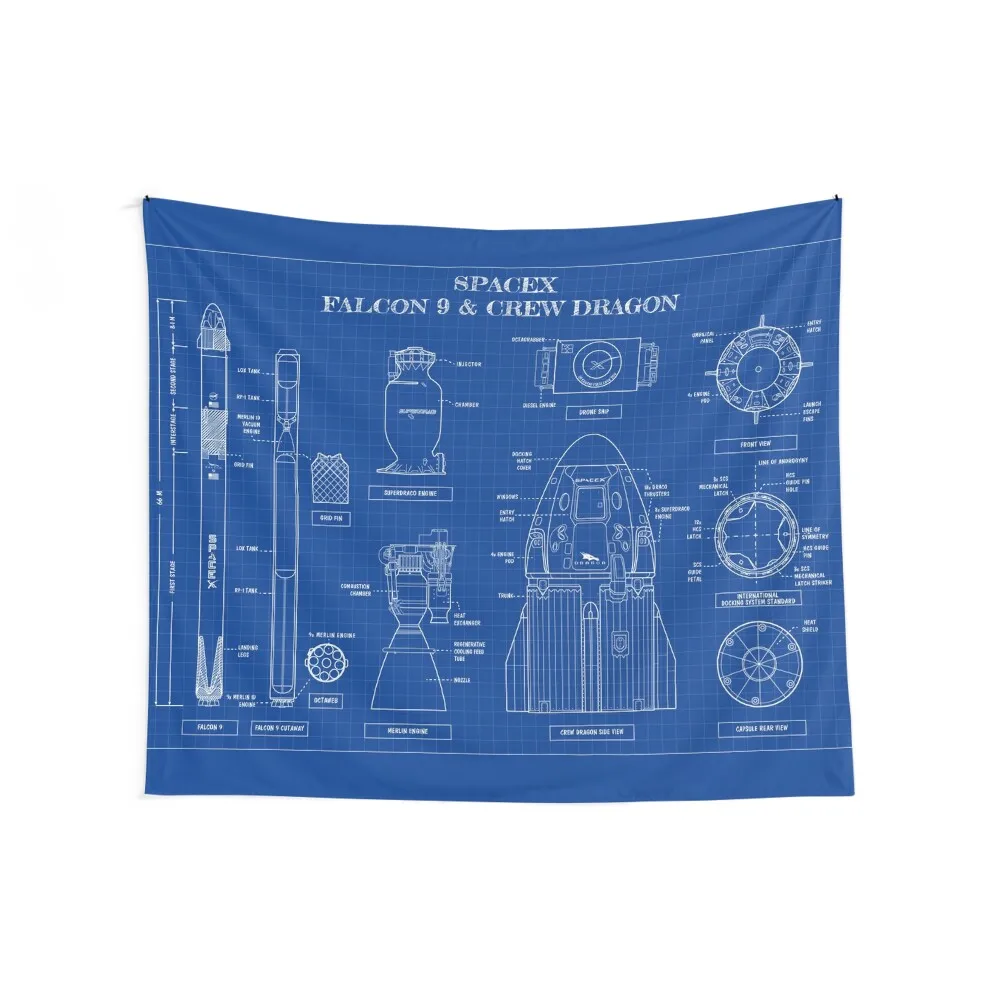 SpaceX: Falcon 9 and Crew Dragon (Blueprint-English) Tapestry Aesthetic Room Decorations Decorative Wall Bedrooms Decor Tapestry