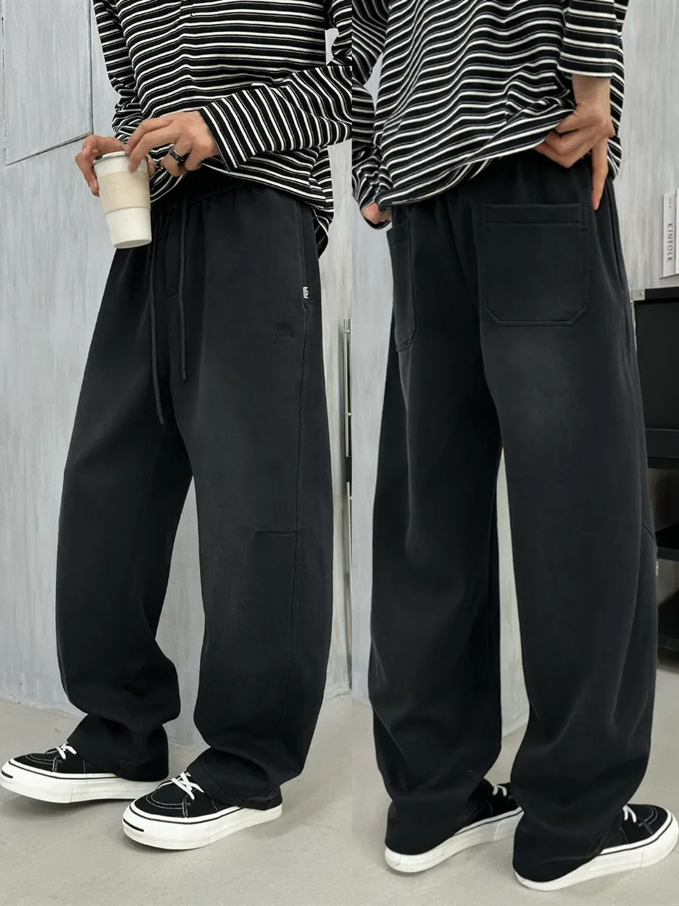 

Thiened Fce Lined American Sle Casual Straight Leg Men's Sweatpants Winter Loose Wide Leg Spor Leisure Trou...