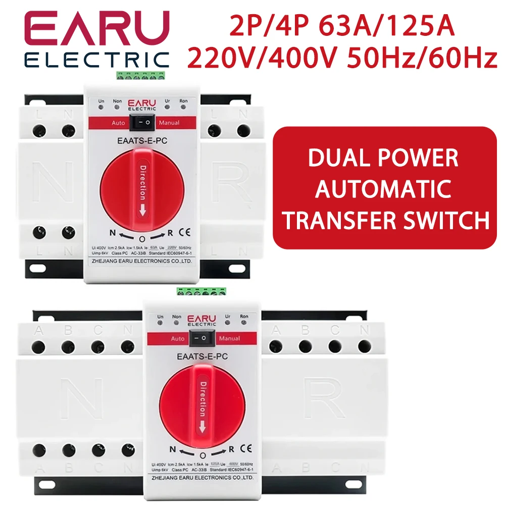 

2P 4P 63A 125A ATS PV Dual Power Automatic Transfer Switch AC230V 400V 50 60Hz Type MCB Auto Manual Sal Switches Circuit Breaker