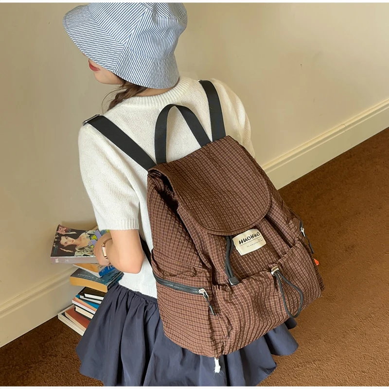 Modischer Rucksack, koreanischer Karo-Rucksack mit Kordelzug für Studenten, Unisex-Schultasche, leichter Damenrucksack mit großer Kapazität – Detail 8