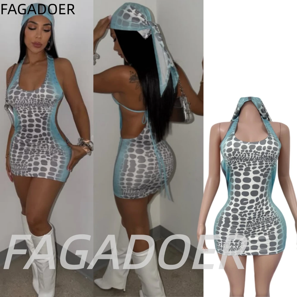 FAGADOER Streetwear Rivet Detail Croc Pattern Mini Dress Hot Girl Sexy Green Patchwork Lace-up Off Shoulder Dress + Headscarf