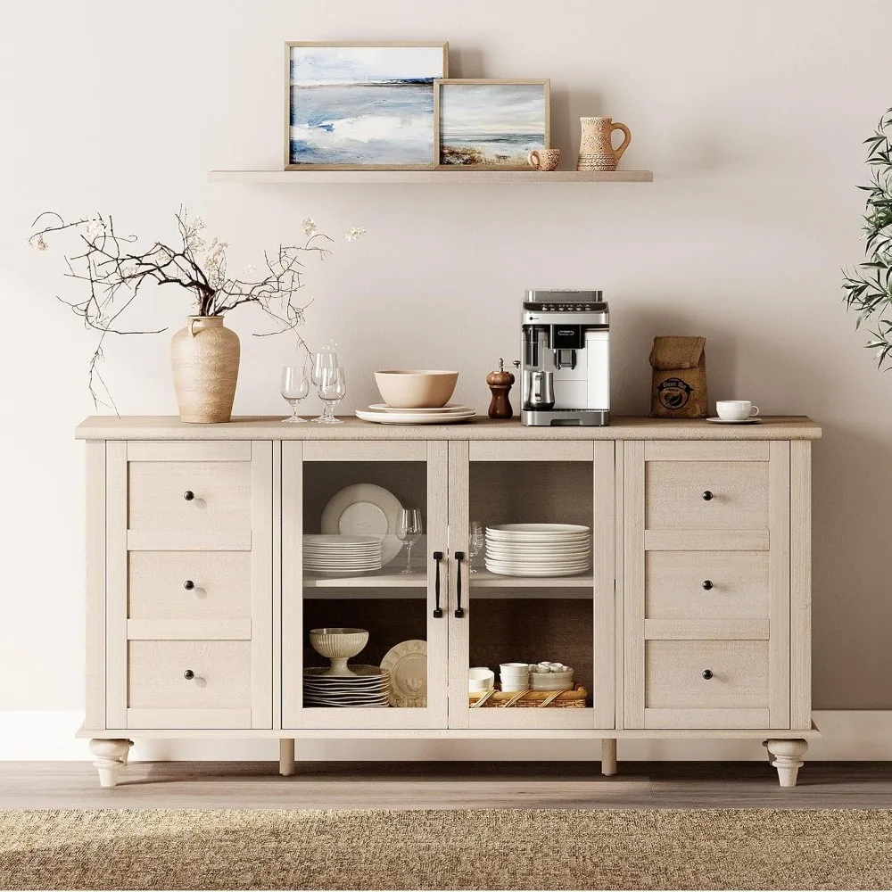 

Side Panel Buffet Cabinet, with Glass Door, Kitchen Storage Cabinet, Wooden Coffee Bar Table