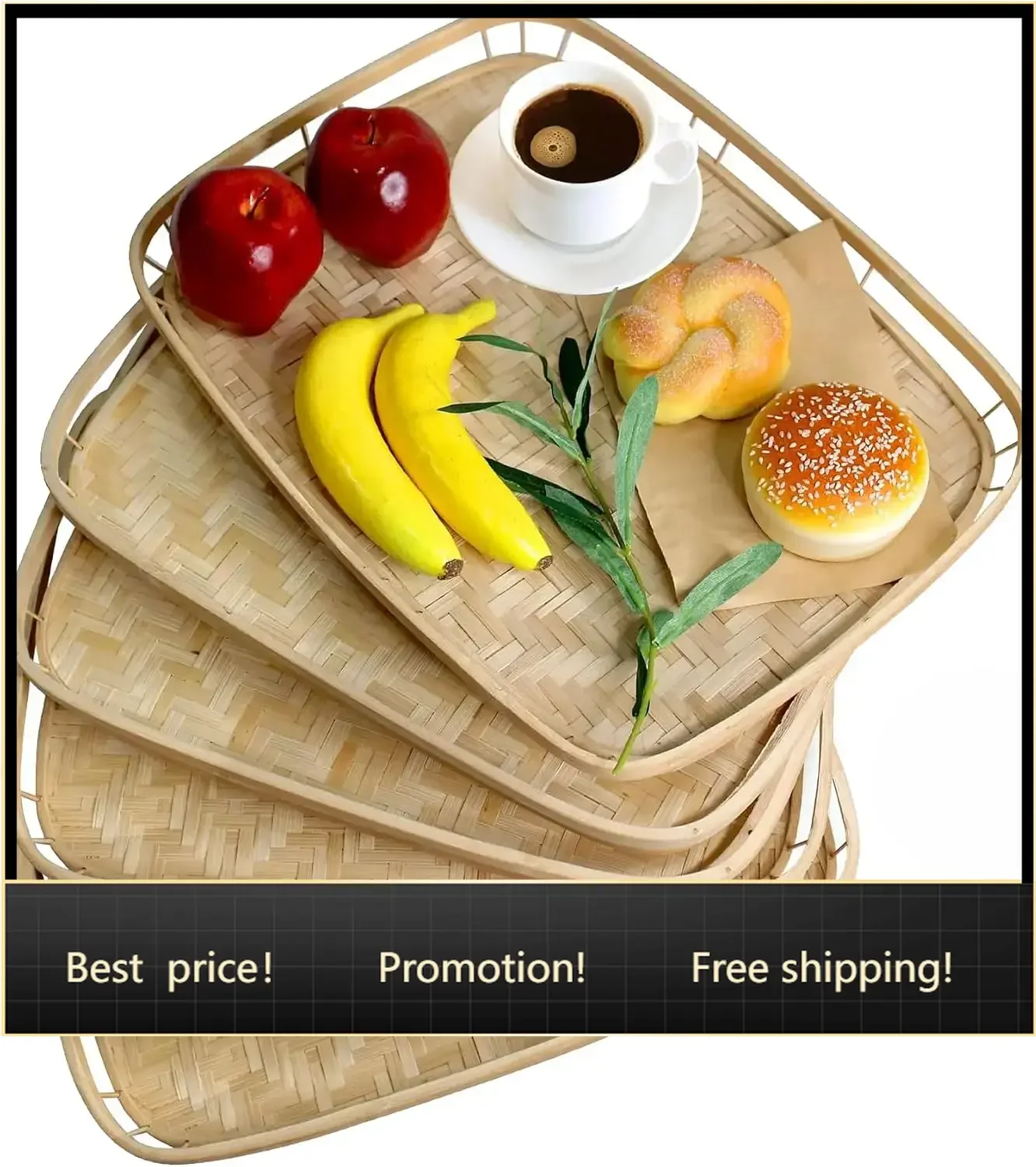 Set of 6 Natural Bamboo Trays for Eating - Hand-Woven Handcrafted Rectangular Serving Trays with Handles - Unique Stackable
