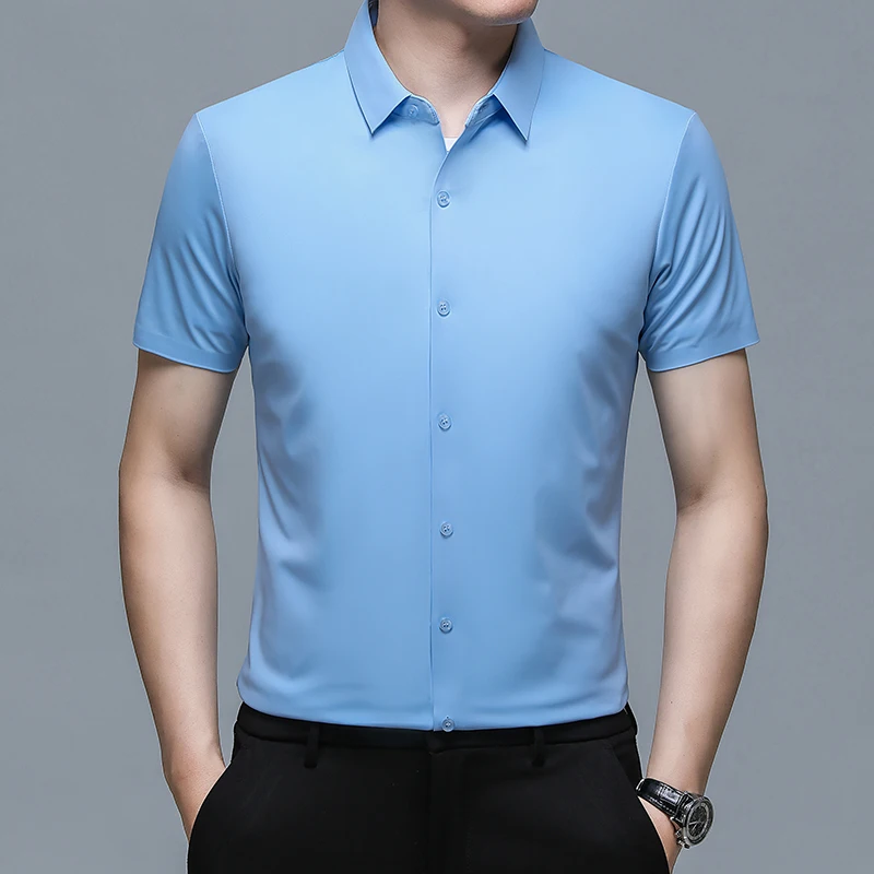 

Silky Cool Feeling Solid Shirts For Men Short Sleeve Anti-Wrinkle Summer Quality Seamless Smart Casual Fashion Camisas De Hombre