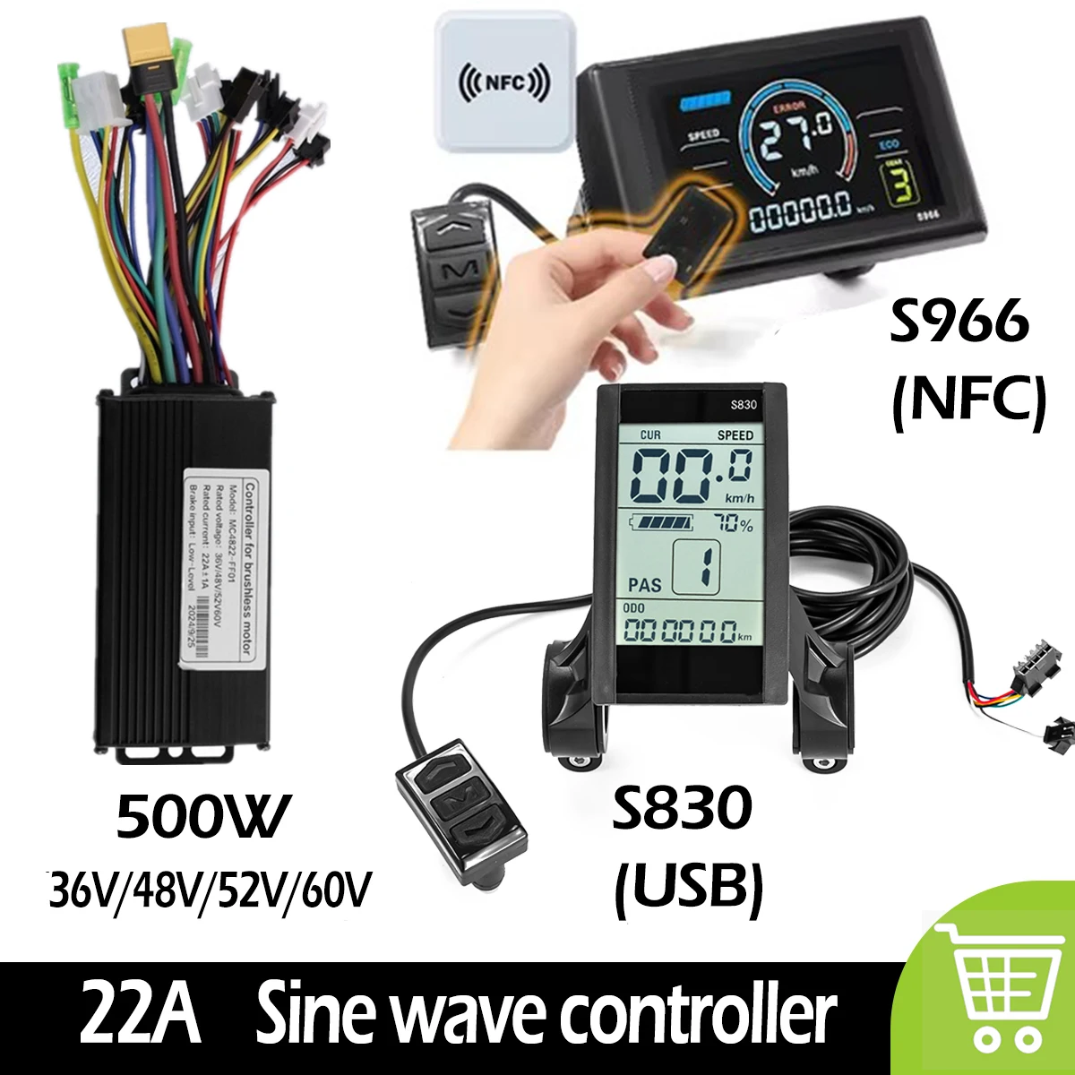 Electric Bike Sine Wave Controller 36V/48V/52V/60V 500W Brushless Controller Kit with LCD S830/S966 Display Panel E-Scootor Kit