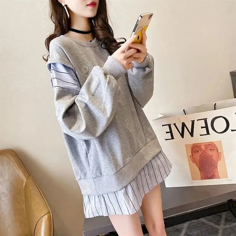 

Oversized Pullovers Women 2024 Spring Autumn Trendy Sweatshirts Mid-length Popular Pullover Fashion Fake Two Piece Tops Woman