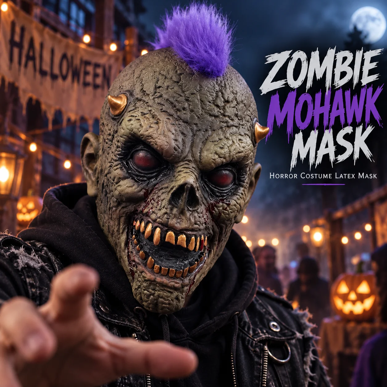 Punk Zombie Latex Mask Purple Mohawk Horror Costume Prop for Halloween Party Cosplay Adult