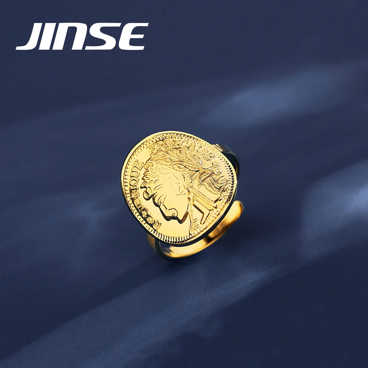 JINSE Gold Color Coin Stainless Steel Women's Adjustable Ring Men Knight Signet Luxury Accessories Lady Face Unique Design Gift