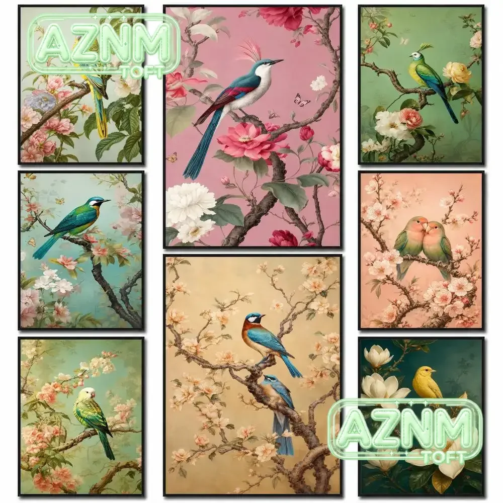 Traditional Chinoiserie Bird and Flower Budgie Heron Landscape Poster PP Wall Art Print Removable Home Decor Cafe Apartment G