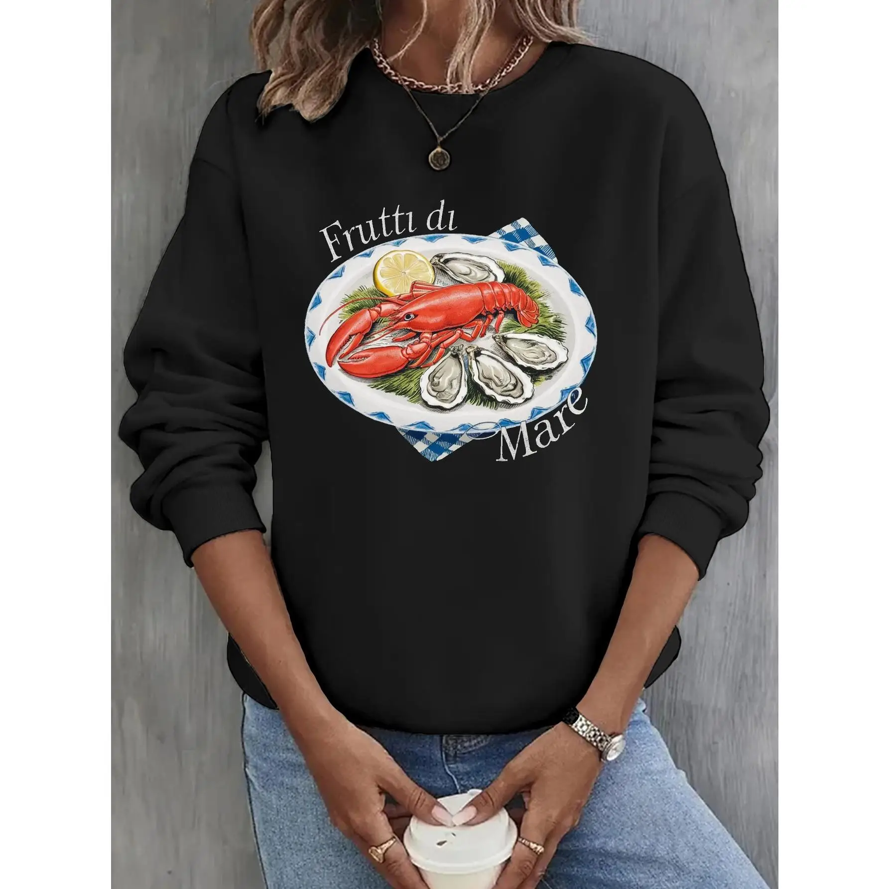 

Oversized Frutti di Mare Graphic Sweatshirt for Women, Lobster Oyster Seafood Print Crewneck Top, Italian Food Lover Gift Casual