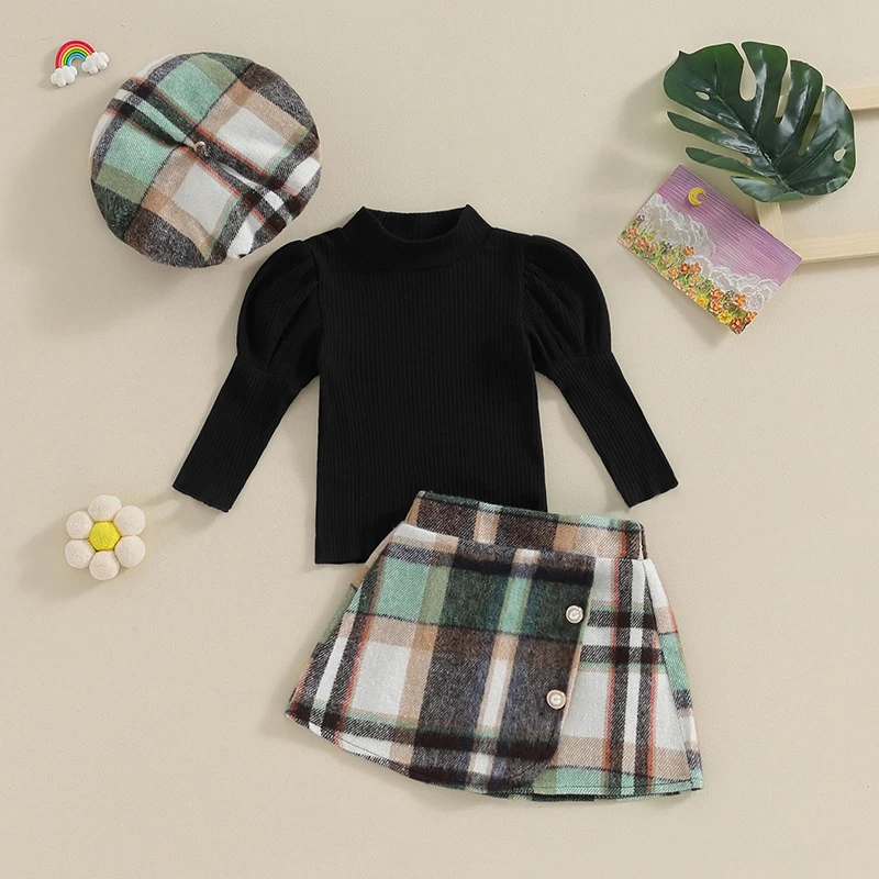 

Baby Girls 3 Piece Suit Black Puff Sleeve Mock Neck Tops Button Plaid Skirt Beret Autumn Spring Long Sleeve Set