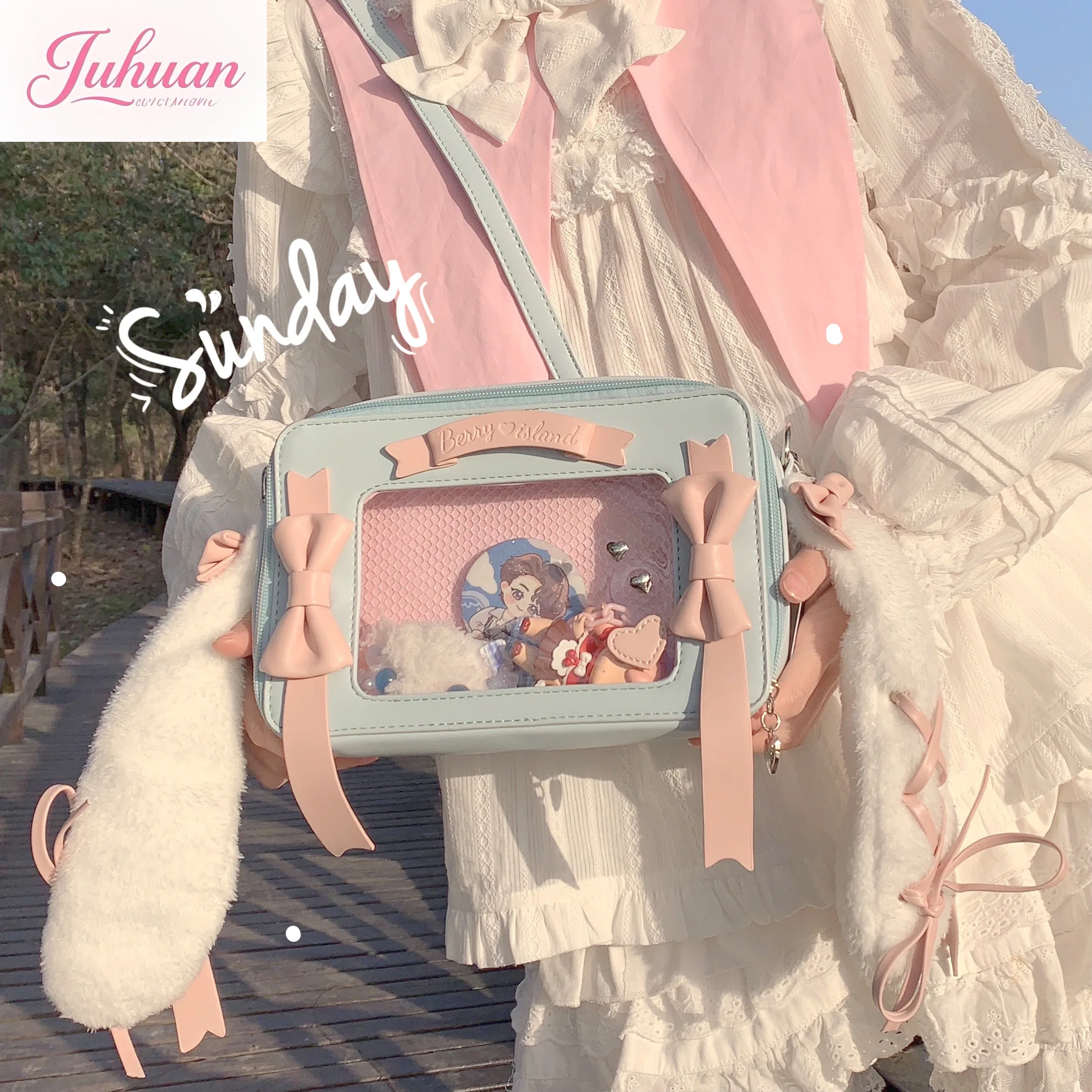 اليابانية لوليتا حقائب الفتيات الحلو القوس بولي PU حقائب كتف 2025 آذان أرنب طويلة Kawaii Crossbody lta حقيبة شفافة لطيف بولسا