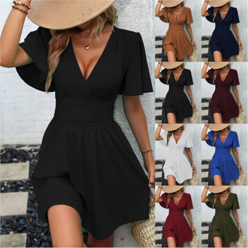 

European and American fashion sexy summer new short-sleeved deep V-neck lotus sleeve solid color ruffled dress
