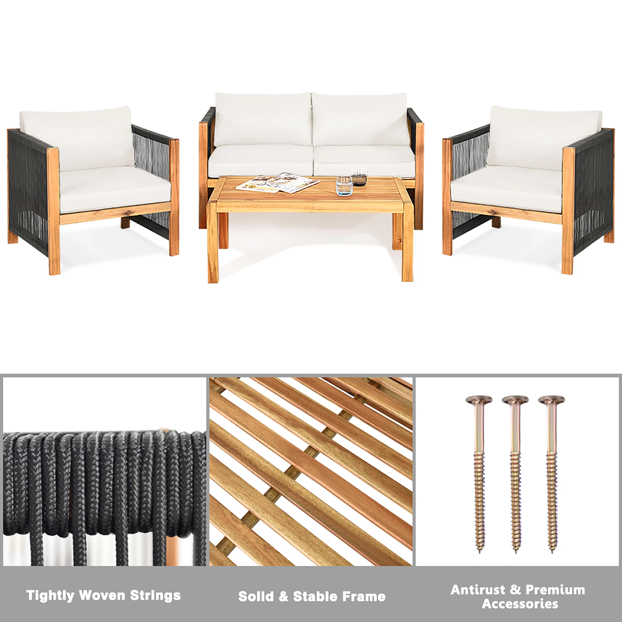 4PCS Wooden Patio Furniture Set CUS01hioned Sofa W/Rope Armrest White image 5