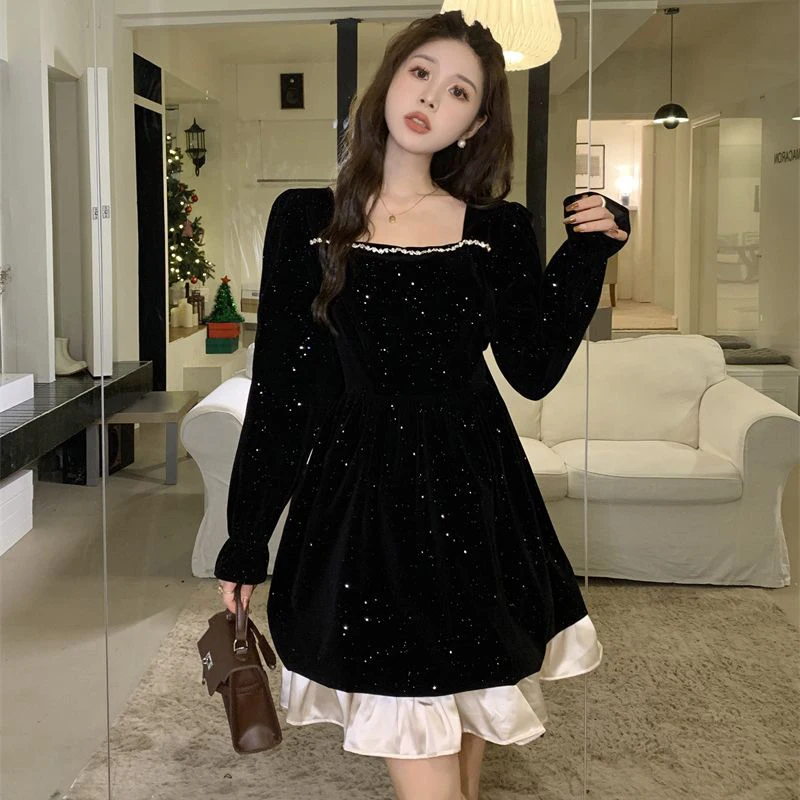 Świąteczna suknia wieczorowa French Elegant Y2K Square Collar Bling Gown Spring Autumn Vintage Chic Warm Gothic Dresses Ladies