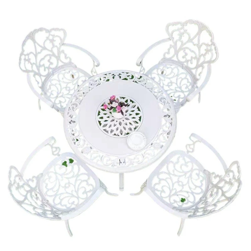 

Садовый набор из литого алюминия, белый обеденный стол и стул на открытом воздухе