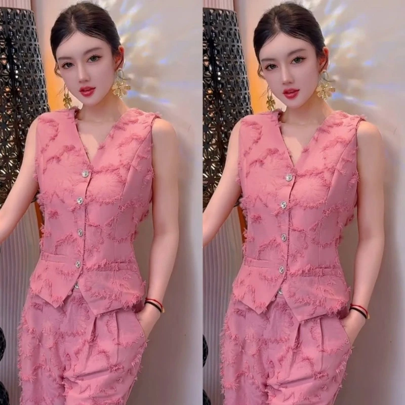 

Элегантный летний офисный женский костюм 2025, женский розовый тонкий топ без рукавов + прямые брюки, комплект из двух предметов