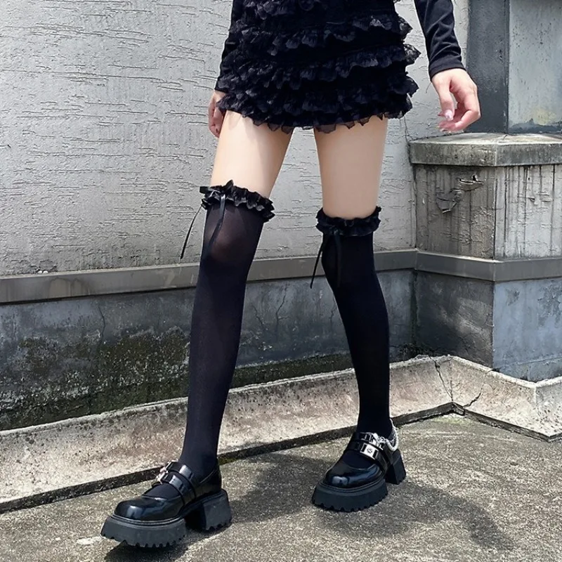 

1 Pair of Women's White Bow Over Knee Women's Spring and Summer Thin Lace Cute Strap Long Tube Lace Milk White Ballet Style Thig