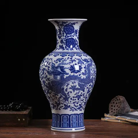33cm/Jingdezhen Ceramic Vase Chinese Blue and White Porcelain Antique Living Room Home Flower Arrangement Vase Home Decoration O