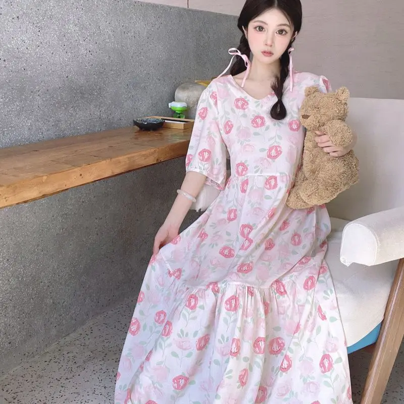 Nightdress Summertime Female Mid-sleeve Thin Tulip V-neck Dresses Thin Pregnant Woman Loose Uniform Size Can Be Worn Outside