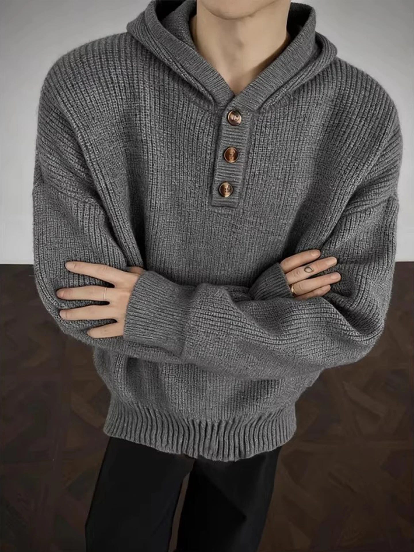 

Deep ey Thiened Henry Collar Hoodie Men's Winter Warm Knitted Sweater American Lazy Sle Outerwear Top Comfortable Long ...