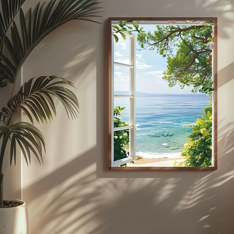 Travel-Themed Coastal Featuring Summer Ocean Scenes, Showcasing The Blue Sea Through an Open Window. Ideal for Home Decor, Inclu