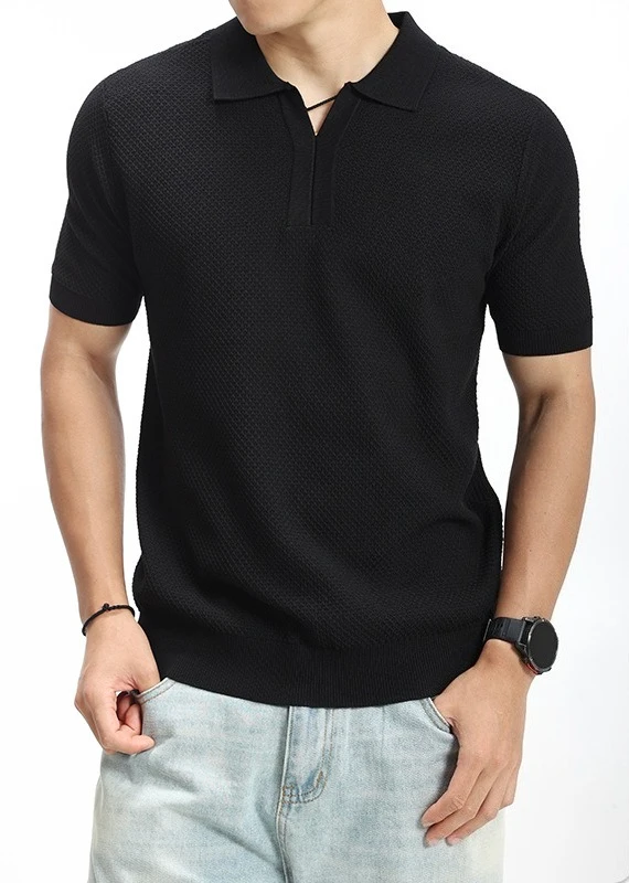 Premium Seagull Neck Knitted Ice Silk Polo Shirt Men's Business Neck T-Shirt Paul Short