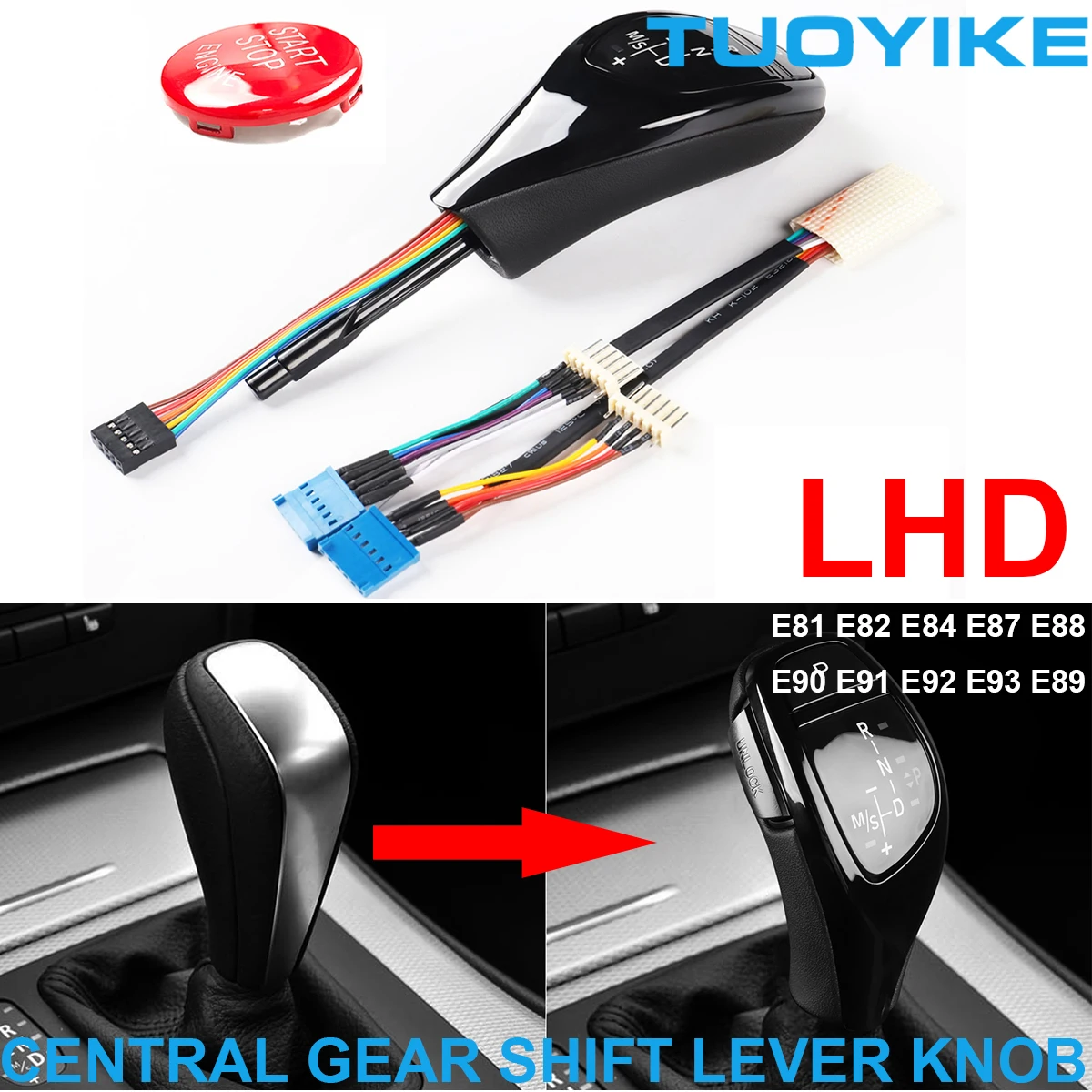 LHD LED Automatic Gear Shift Lever Knob Black Trim M Sport Style For BMW 1 3-Series E81 E82 E84 E87 E88 E90 E91 E92 E93 Z4 E89