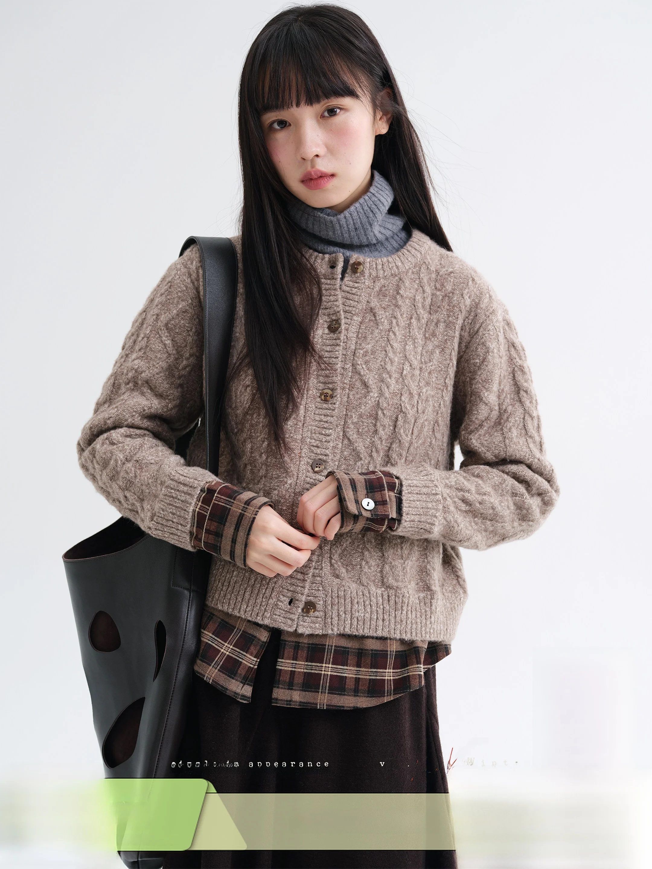 

Warm Woolen Knitted Cardigan Silk Twist Flower Texture Fake Two-Piece Casual Sle Long Sve round Ne Thi Winter Coat
