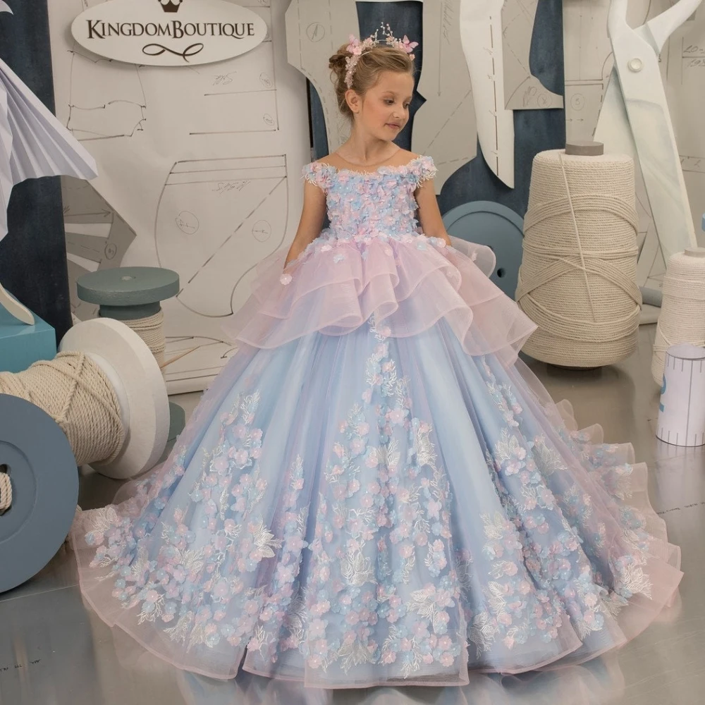 Lorencia rosa blau Blumen mädchen Kleid für Hochzeit Prinzessin Blumen applikationen abgestufte Kinder heilige Geburtstags feier Festzug Kleid yfd021