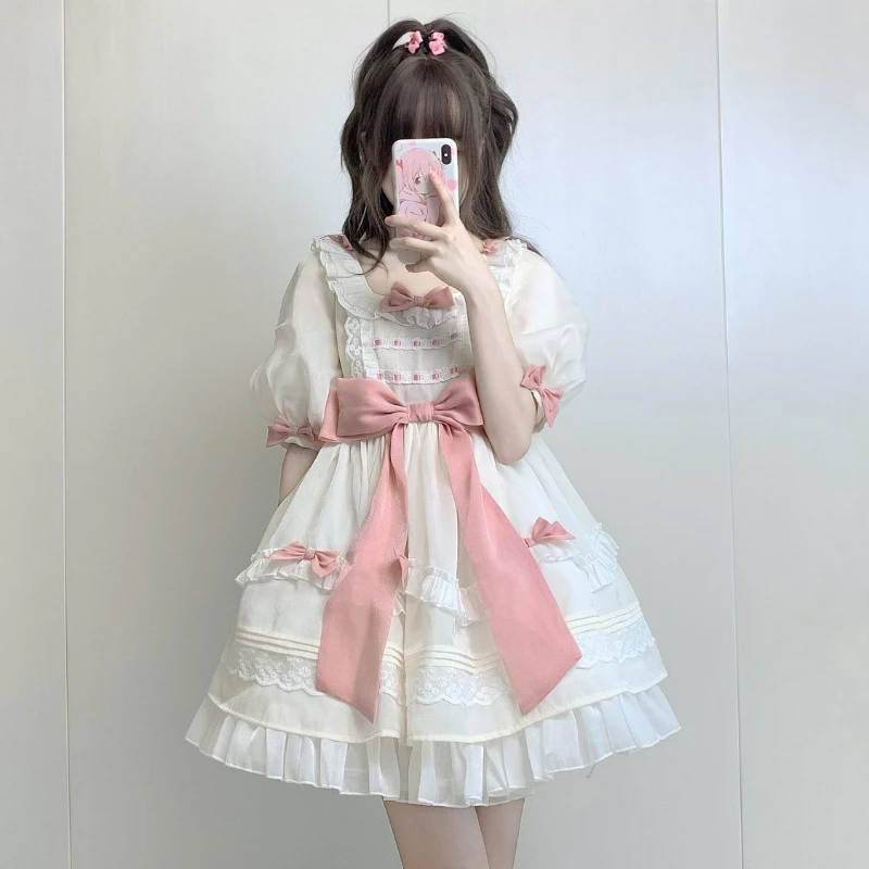 Sweet Lolita Style Dress Women Japanese Kawaii Pink Bow Lace Ruffles Short Sleeve Dresses Girls Summer Princess Party Mini Dress